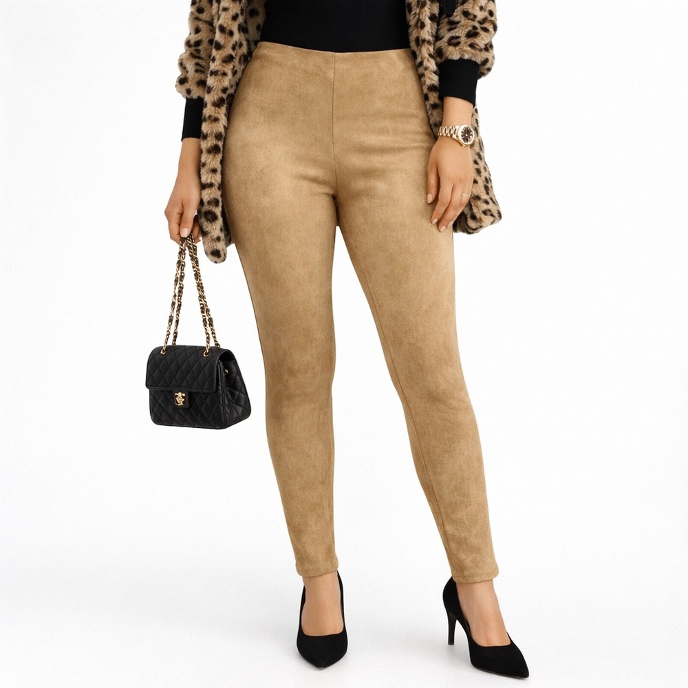 Chicos 1 Faux Suede Leggings Camel Tan Elastic Waist Pull On Pants Womens Size 8